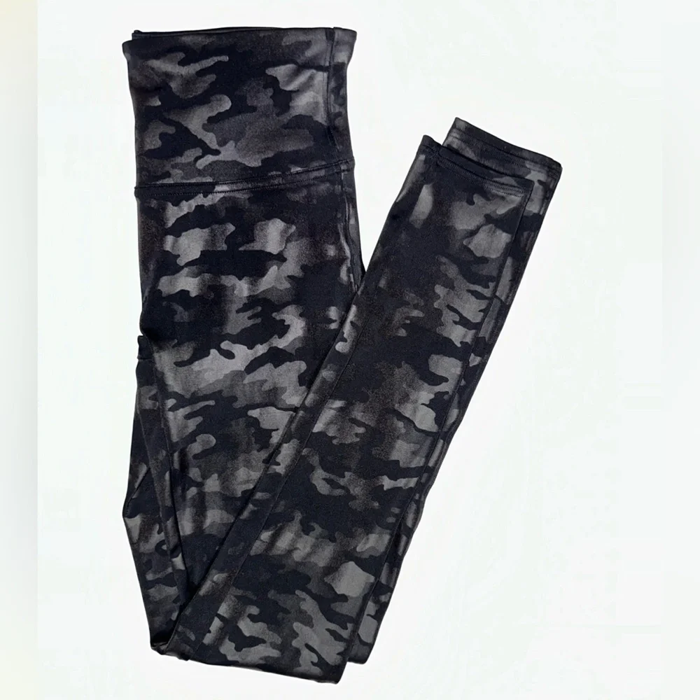 SPANX Faux Leather Matte Black Camo High Waisted Leggings Tummy + Booty Shaping - Picture 7 of 15